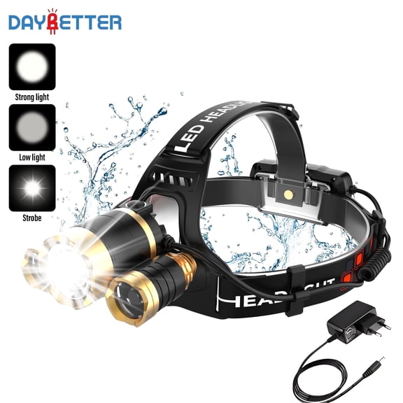 DAYBETTER 3LED Rechargeable Headlamp Zoomable, 1200LM 4Modes 1600mAh IPX7 Waterproof 120° Adjustable for Camping Hiking Fishing