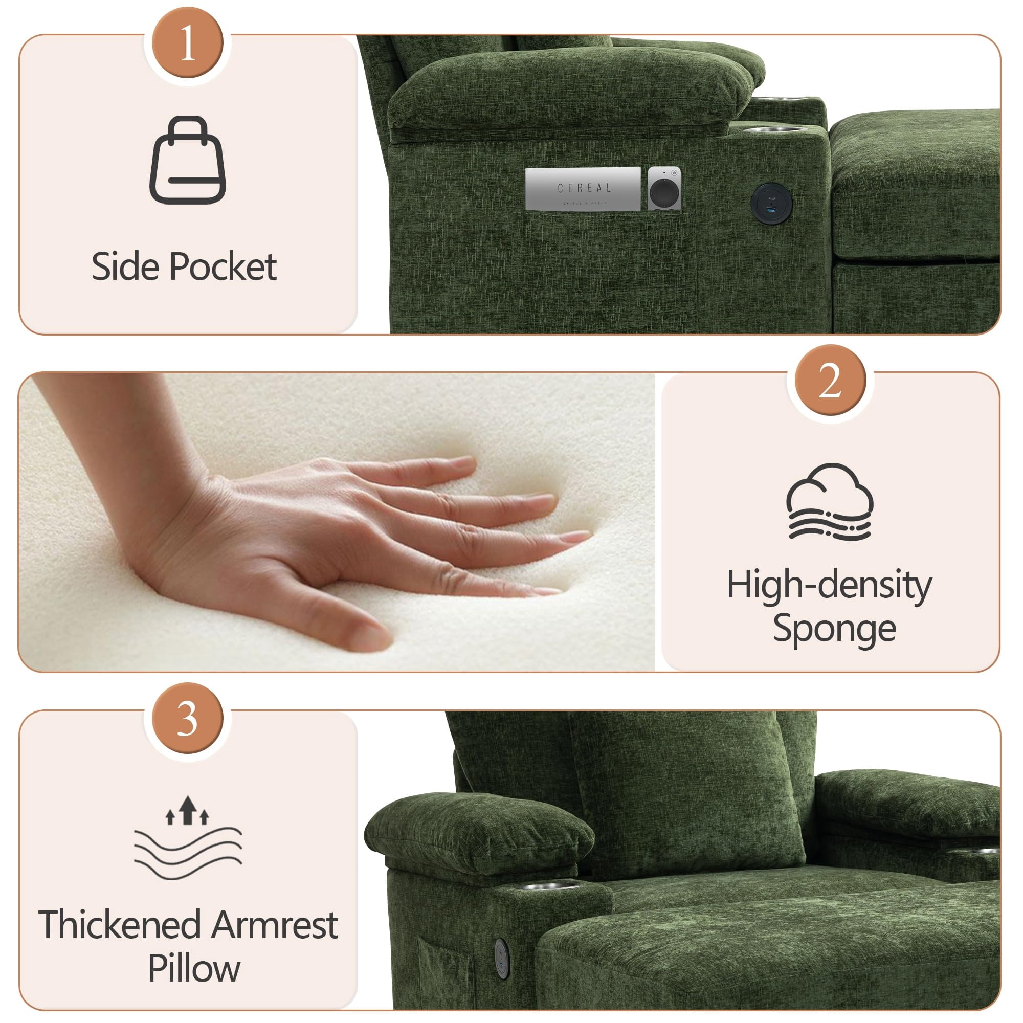 Aukfa 39" Oversized Chaise with 2 Cupholders&USB Ports, Chenille Cloud Couch Chair Bed, Green