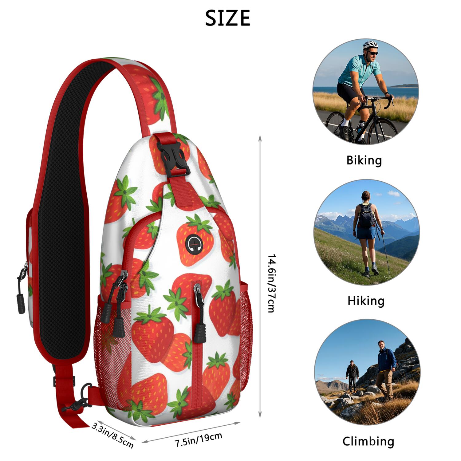 Sling Backpack Crossbody Shoulder BagHiking Sling Backpack for Men Women Travelers Strawberry