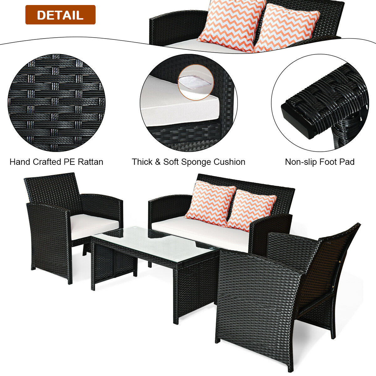 Costway 4PCS Patio Rattan Furniture Conversation Set Cushioned Sofa Table Garden Black - image 5 of 9