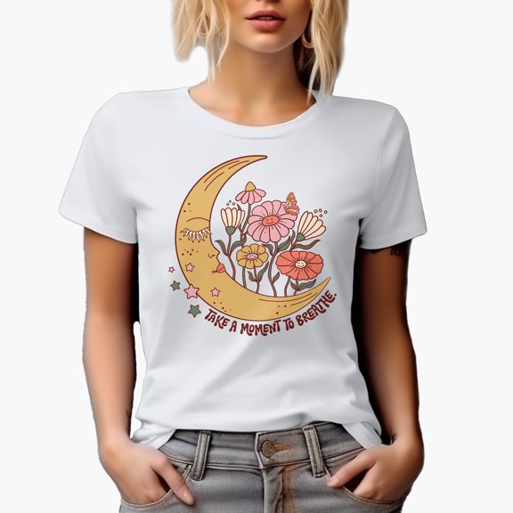 Take a Moment to Breate with Boho Moon & Flowers Art Merch Gift, White T-Shirt, Small