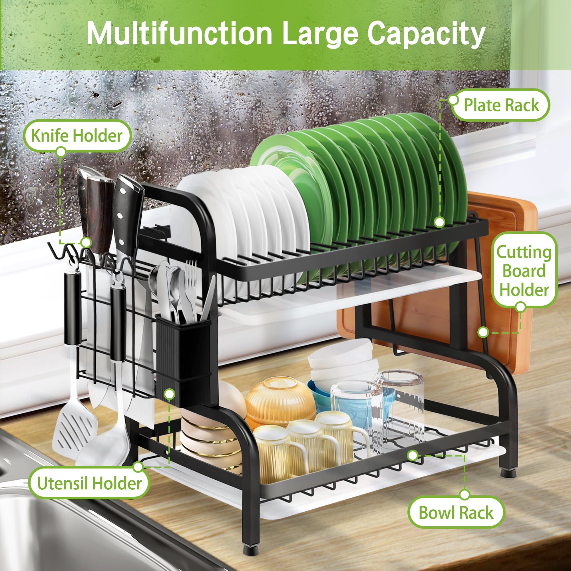 MERRYBOX Dish Drying Rack Large Capacity 2 Tier Dish Drying Rack  Multifunctional Rustproof Dish Drainers for Kitchen Counter with Drainboard