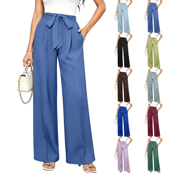 Womens Wide Leg Pants BWASD Casual Adjustable Tie Knot High WaistPalazzo with Pockets Loose Linen Pants Women Elegant Business Work Dress Trousers (Navy L)