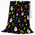 thumbnail image 2 of Playful Neon Ghosts Pumpkins Black, Festive Halloween Scene, Warm Flannel Blanket for Living Room and Reading Nook, Art Lovers Halloween Gift, Festive Home Decor, 2 of 9