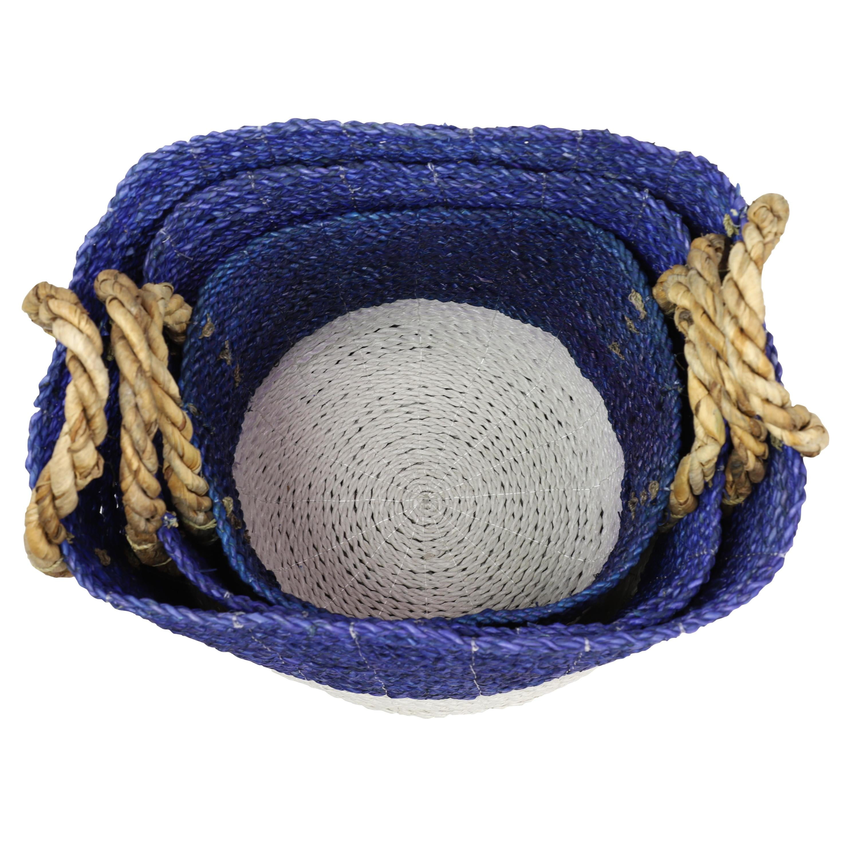 DecMode 17", 15", 13"W Blue Seagrass Handmade Two Toned Storage Basket with Handles, 3-Pieces