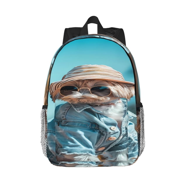 Disketp Stylish Dog in Denim Outfit Mochila Escolar de 15 Pulgadas, Mochila Ligera para Estudiantes, Viajes y Trabajo, Cómoda y Resistente para el Uso Diario