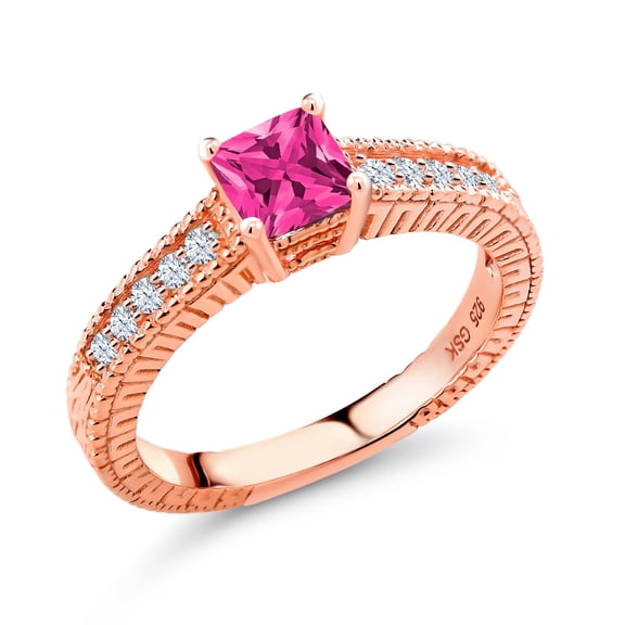 Gem Stone King 0.95 Ct Princess Cut Pink Mystic Topaz White Created Sapphire 18K Rose Gold Plated Silver Ring (Size 9)