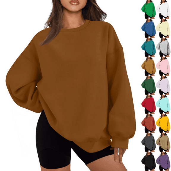 Evdexr Womens Sweatshirts Long Sleeve Oversized Fleece Crew Neck Solid Color Casual Loose Pullover 2025 Winter Clothes Light Brown S