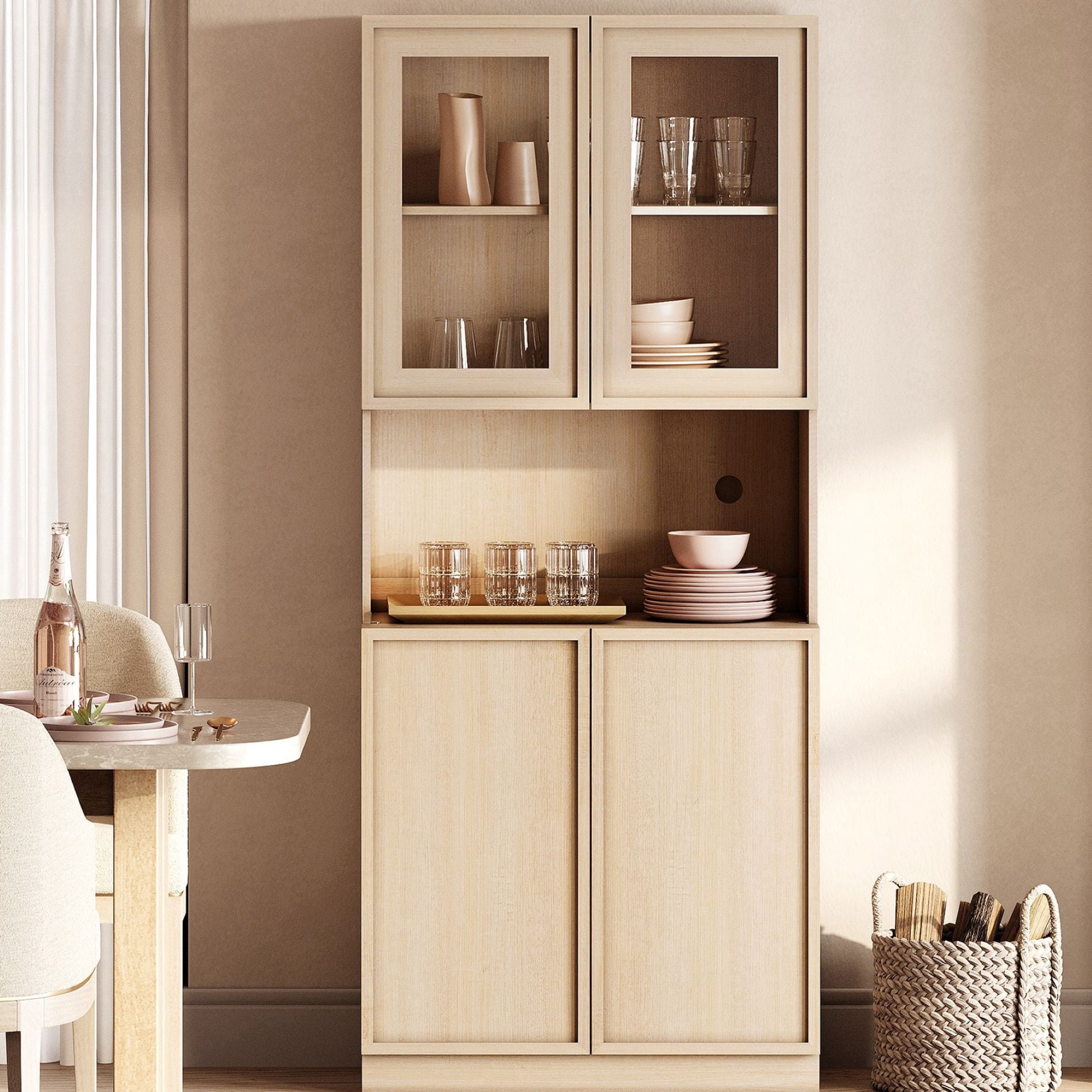 Modern Wood Sideboard Buffet with Glass Doors & Adjustable Shelves, 72" Tall Glass Display Storage Cabinet for Dining Kitchen,Beige