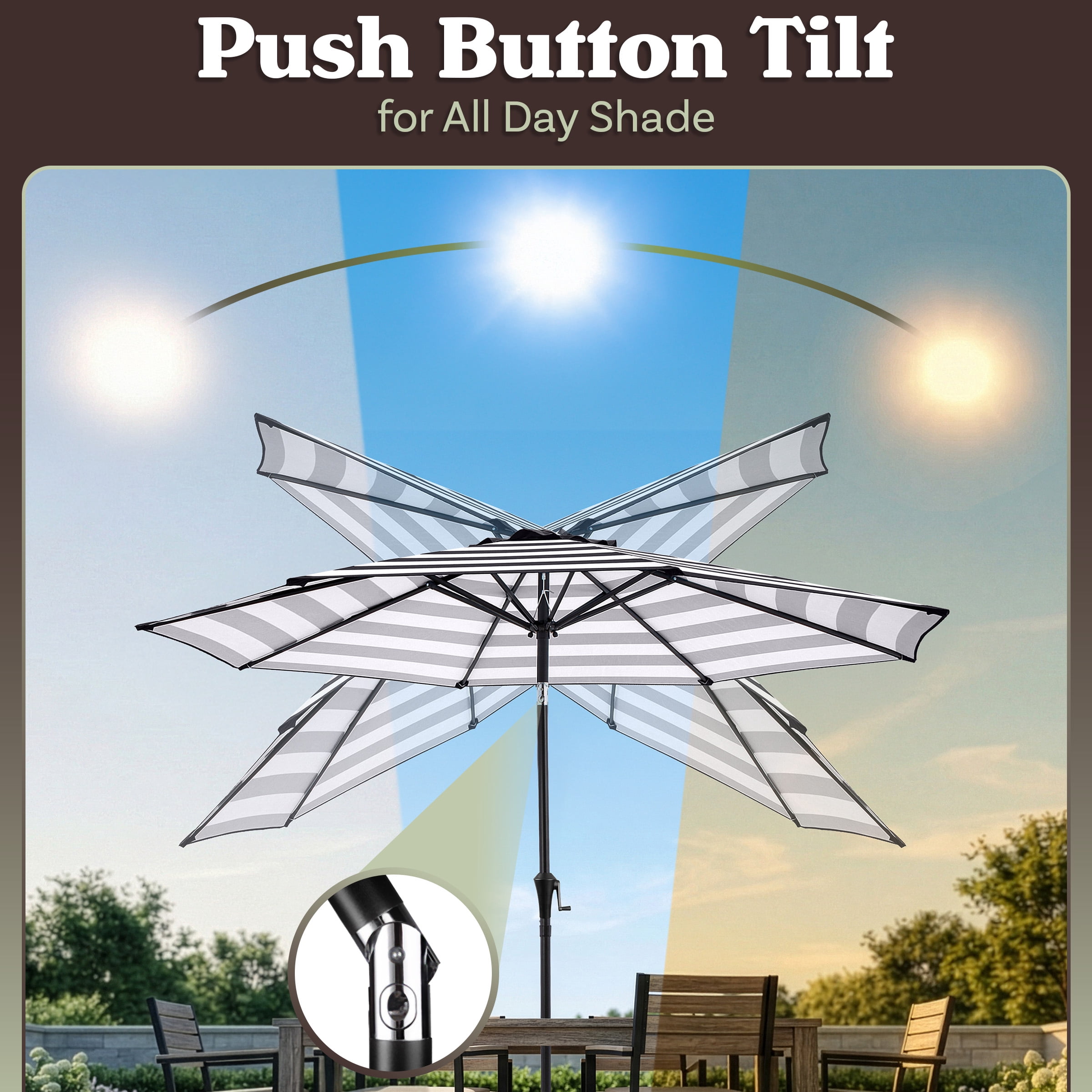 Pure Garden 9 Ft Striped Outdoor Patio Umbrella with Tilt, Black and White