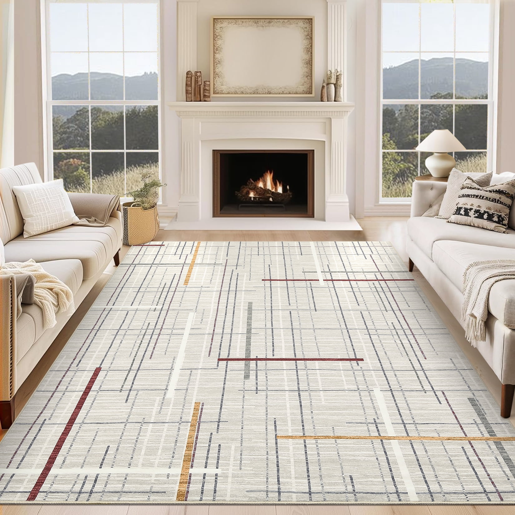 Hasoo Area Rug for Living Room Washable 5x7ft Rug Geometric Grid Rug for Bedroom Dining Room Modern Indoor Carpet Beige