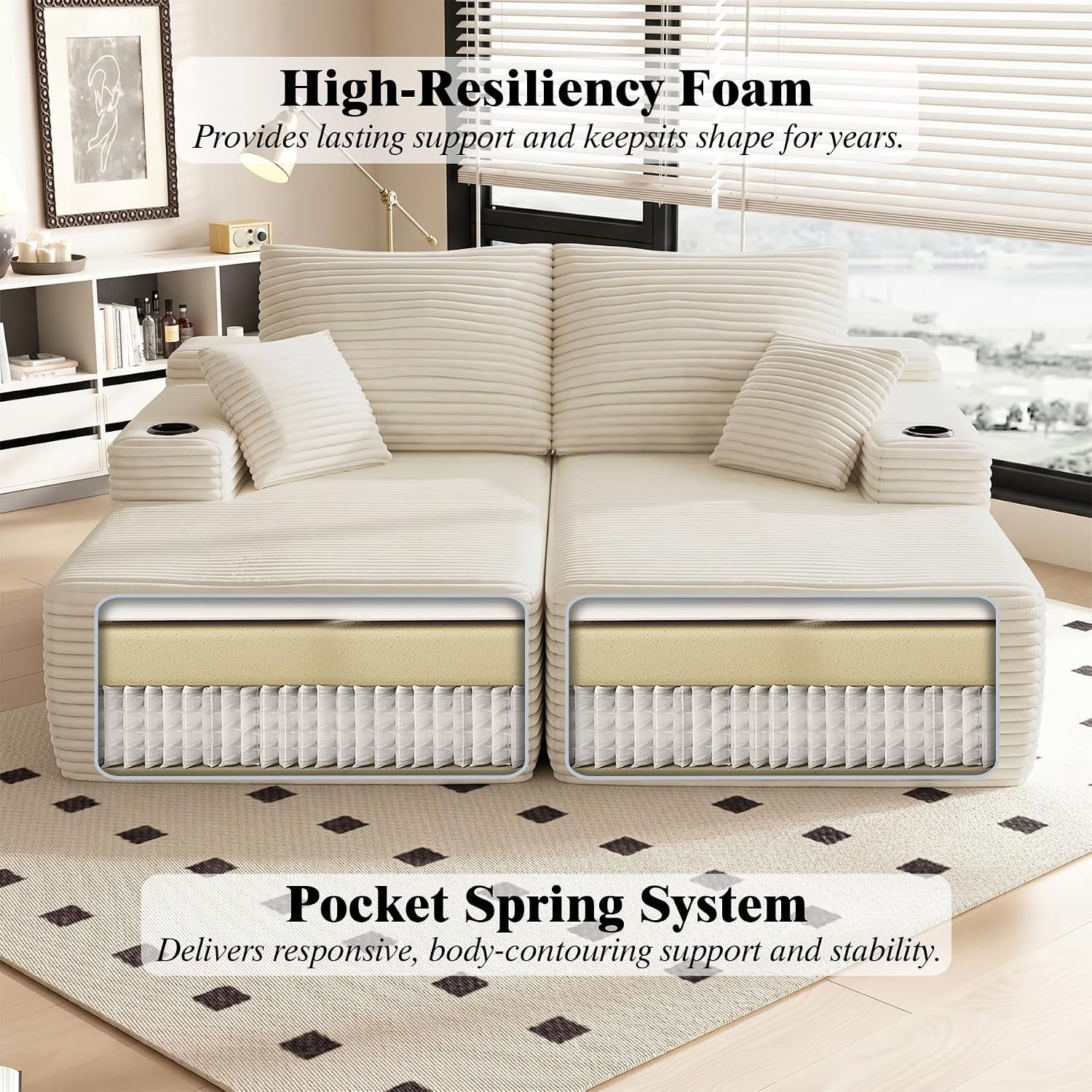 76 Inch Deep Seat 2-Seater Recliner Sofa Bed with Cup Holders, No Assembly Needed, Beige