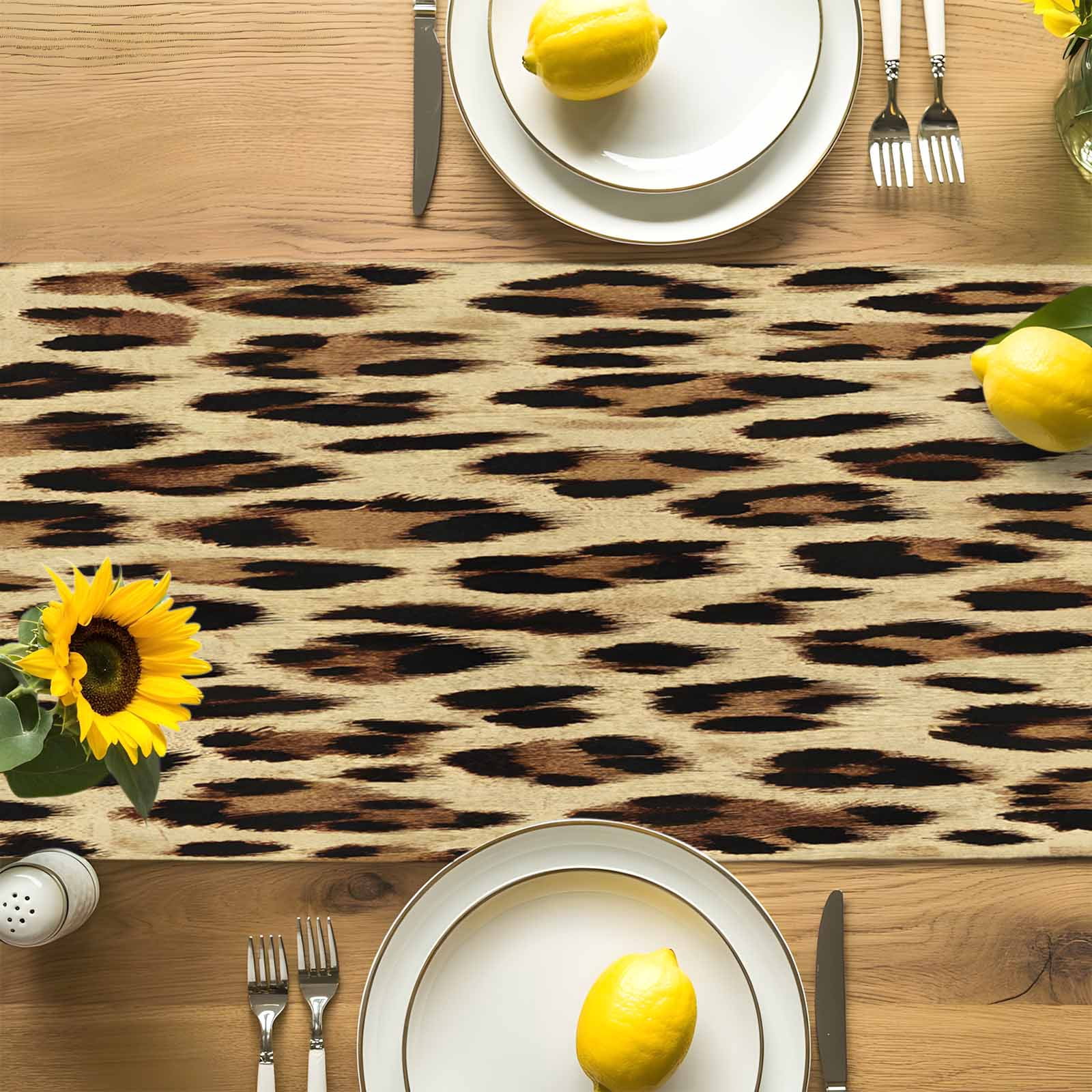 Abstract Leopard Print Table Runner 90 Inches Long, Brown Animal Spots Table Runners Tabletop Scarf Kitchen Dining Tables Decoration for Home Party Indoor Outdoor