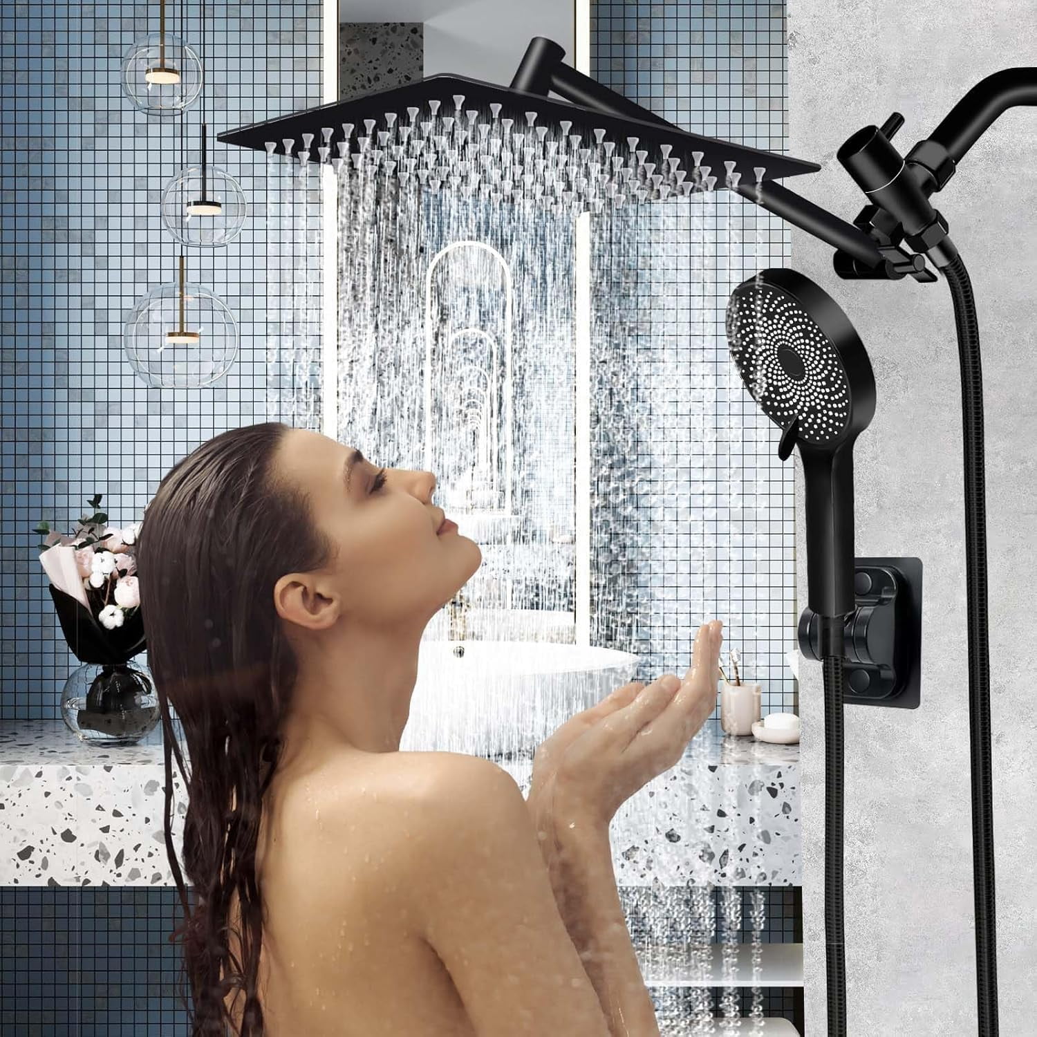 Shower Head 10 Inch High Rain With Handheld Spray Combo  Adjustable Dual Rainfall - Showerhead Comb Set Extension Arm 60 Long Hose(black)