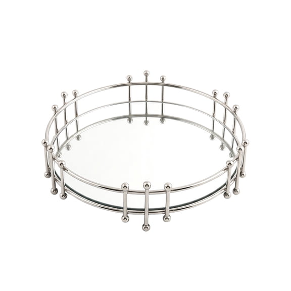 Decorative Tray for Coffee Table, Vanity, Bathroom, Bedroom, Round Beaded Metal Frame with Mirror Base, 8.07 X 8.07 X 2.17 Inches, Elegant Serving Display & Storage Organizer for Home Decor