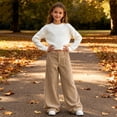 thumbnail image 2 of CPNG Girls' Corduroy Wide Leg Pants High Waisted Button Front Zipper Loose Wide Leg Casual Sweat Pants with Side Pockets(Khaki,7-8 Years), 2 of 9