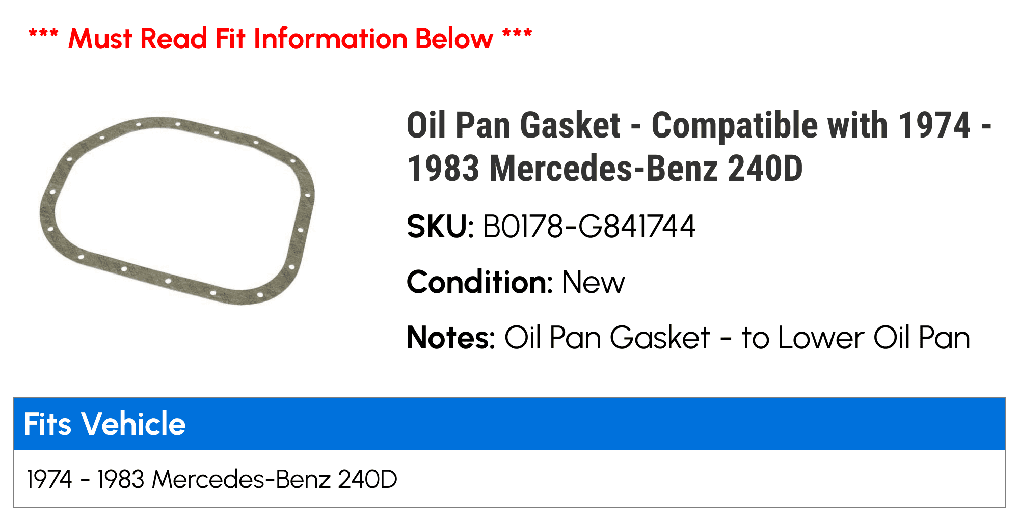 Oil Pan Gasket - Compatible with 1974 - 1983 Mercedes-Benz 240D 1975 1976 1977 1978 1979 1980 1981 1982