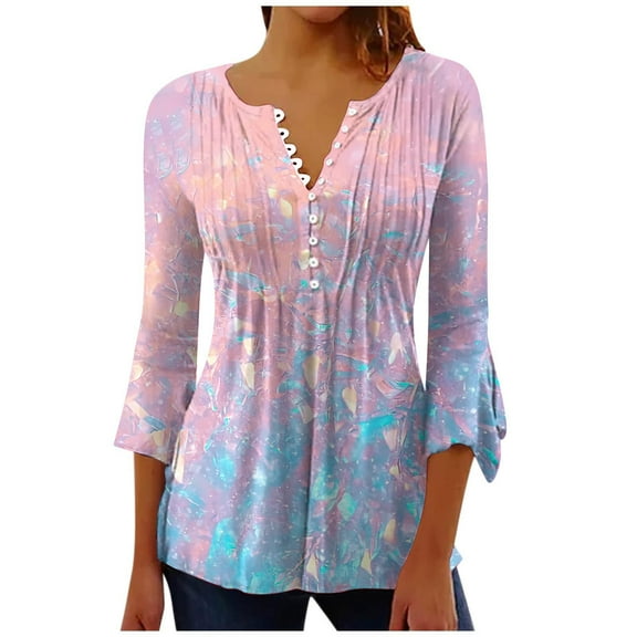 CYMMPU Women's Ombre Flowy Blouse 3/4 Length Sleeve Summer Fall Tunic Tops Business Work Blouses to Wear with Leggings V-Neck Elegant Blouse Shirts Casual 2025 Clothes Pink XXL