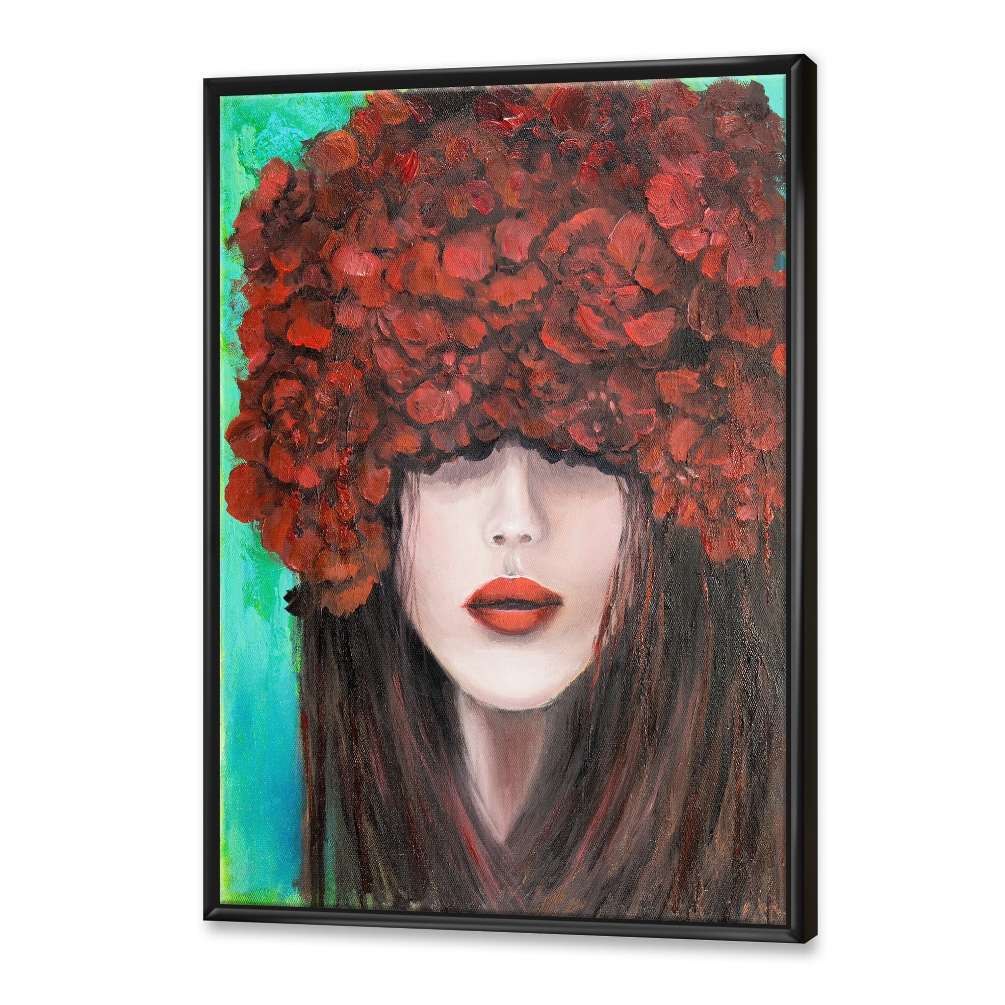 Portrait Of A Young Lady With Red Flowers 16 in x 32 in Framed Painting Canvas Art Print, by Designart