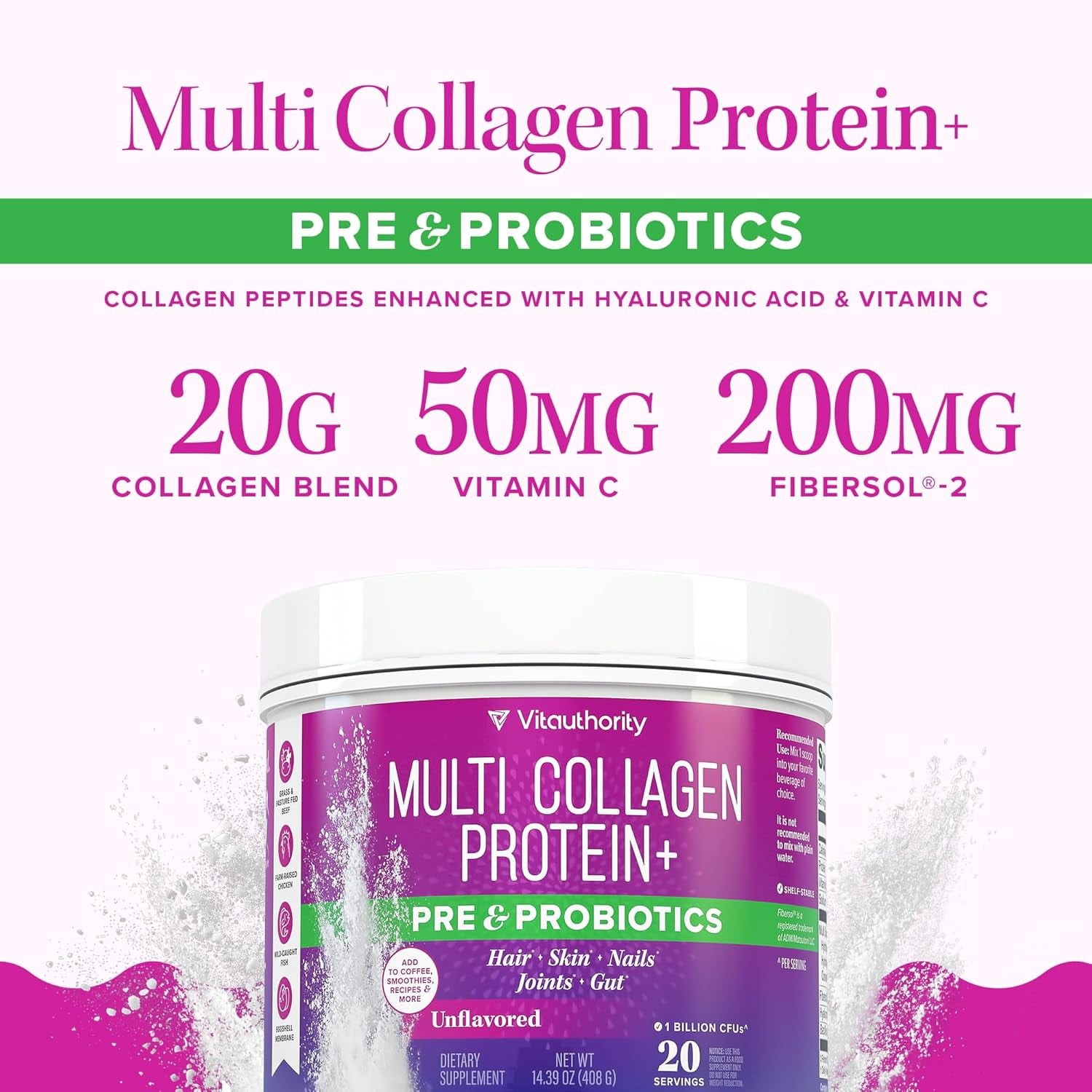Multi Collagen Protein Powder with Probiotics & Prebiotics – 20 g Collagen Peptides, Hyaluronic Acid & Vitamin C | Supports Skin & Digestive Health | Unflavored | 20 Servings