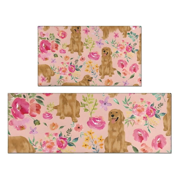 Golden Retriever with Flowers Kitchen Rugs Sets Of 2,Anti Fatigue Kitchen Mat Rugs Non Slip Washable,Decorative Kitchen Floor Mats for Kitchen,Sink,Laundry,17"x30" 17"x47"