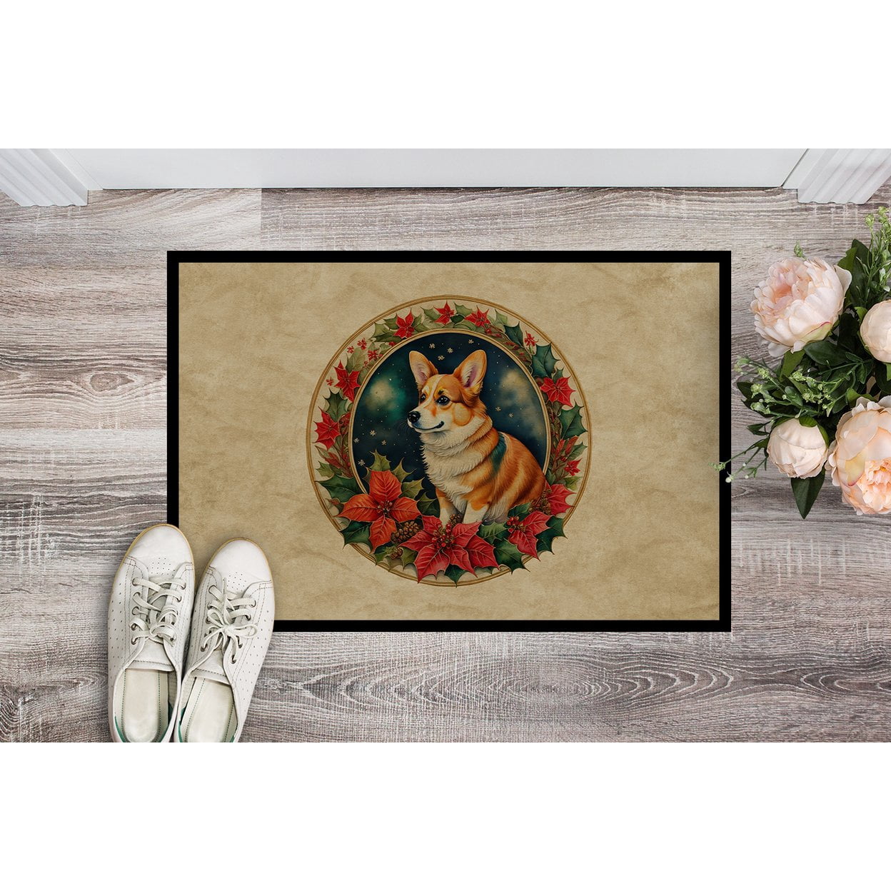 Carolines Treasures DAC2349MAT 18 x 27 in. Unisex Corgi Christmas Flowers Doormat