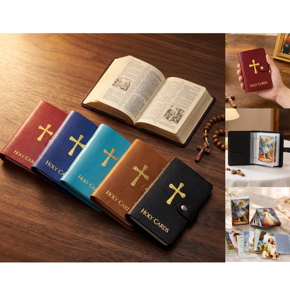Whyan Portable Prayer Card Holder Set, Leather Snap Organizer with 54 Assorted Holy Cards, Compact Pocket Size for Mass, Travel & Daily Use