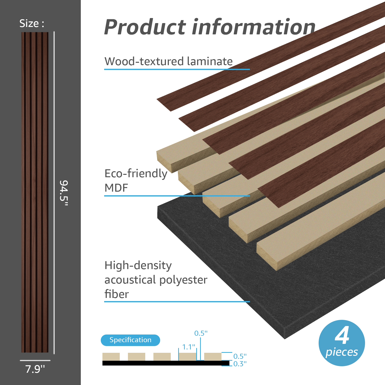 Art3d 4-Piece Wood Slat Acoustic Panels，3D Textured Panel for Ceiling and Wall-Dark Brown