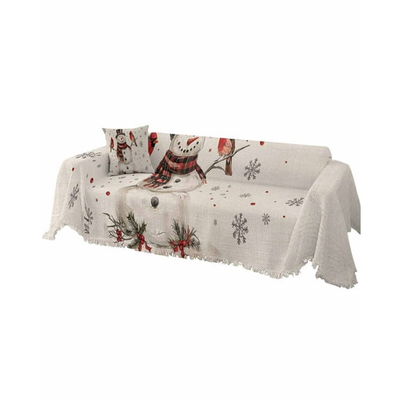 Christmas Sofa Covers for 3 Cushion, Washable Couch Cover for Sectional Sofa Slipcovers with Tassel, Snowman Snowflake Red Xmas Birds Rustic Loveseat Covers Futon Cover Blanket 71''x118''