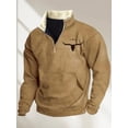 thumbnail image 3 of Men's Western Wool Jacket Denim Bull-Head Print Pullover – Quarter-Zip Stand Collar Long Sleeve Sports Sweatshirt,S,brown, 3 of 4