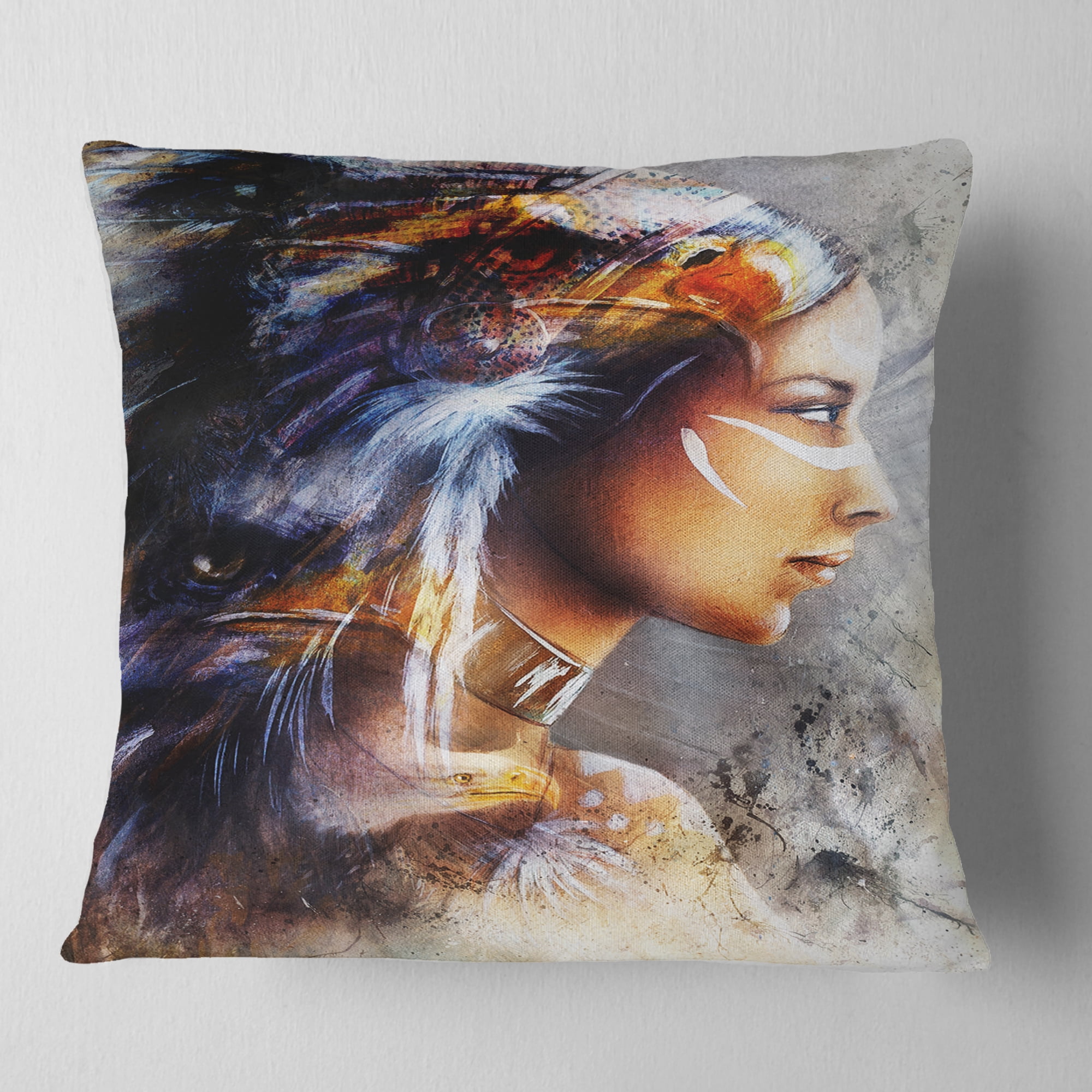 Designart Woman with White Horse Eagles - Indian Throw Pillow - 18x18