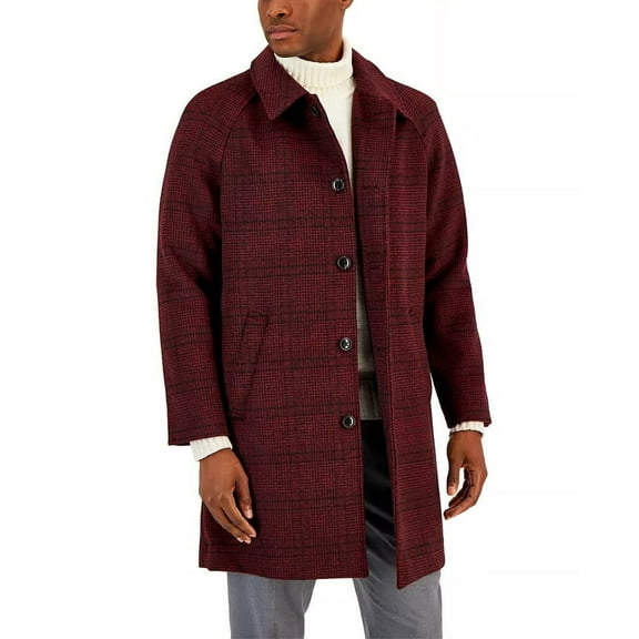 Alfani Men's Balmacaan Poly-Wool Plaid-Pattern Dual-Pocket Top Coat Merlot-Small