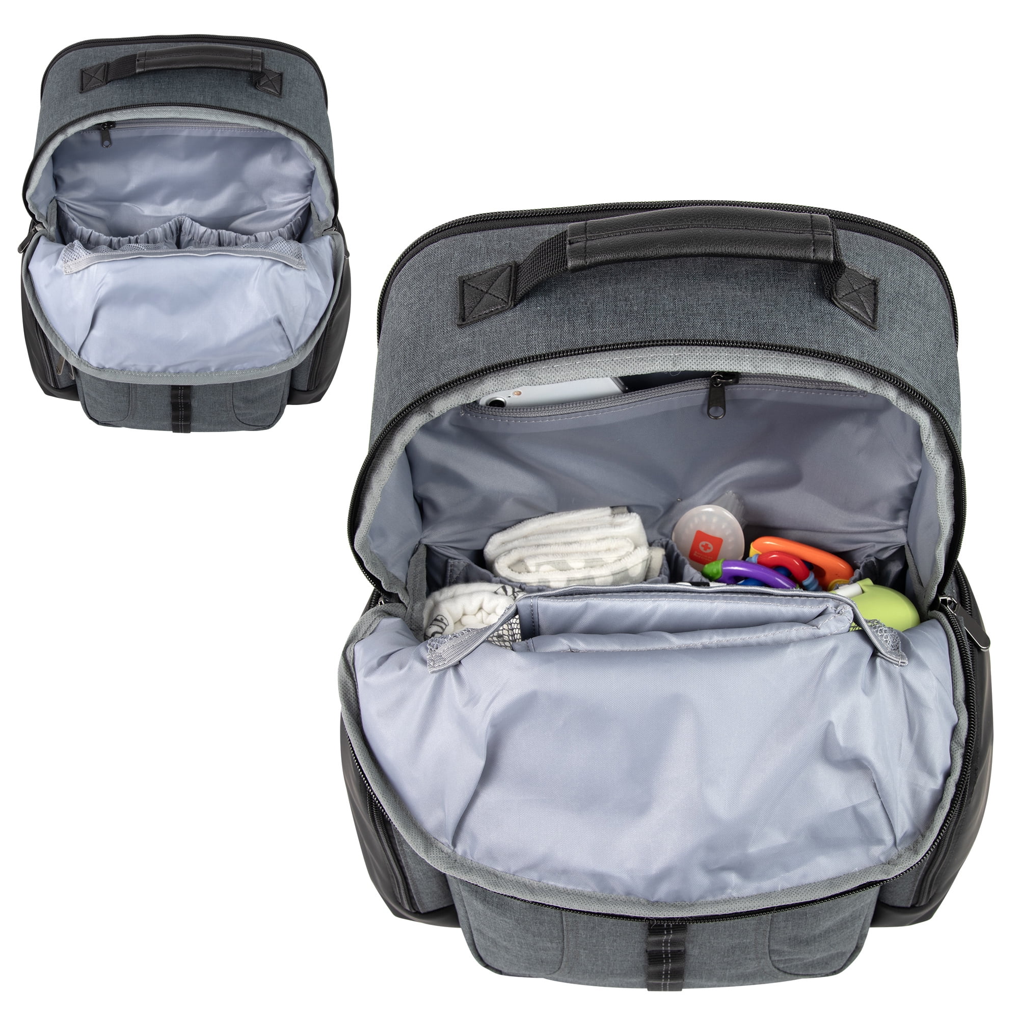 Baby Essentials Super Cooler Multi-Pocket Dual Zipper Closure Diaper Bag Backpack with Matching Changing Pad, Insulated Bottle Pockets and Stroller Straps in Gray & Black