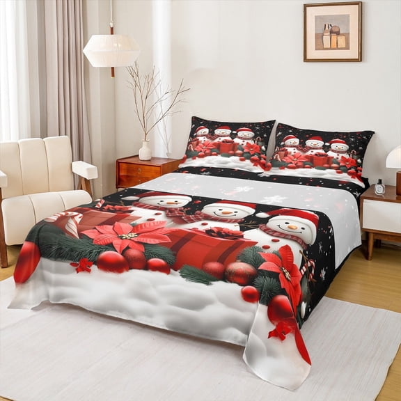 Feelyou Kids Xmas Snowman Full Size Sheets, Kawaii Christmas Gift Bed Sheets, Happy Festival Sheet Sets, Microfiber Bedroom Decor,4-Piece