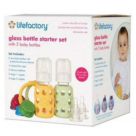 Two-Bottle Starter Set with 4-Ounce Glass Bottles, Teether Set, Nipple Set, and Flat Cap Set