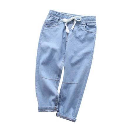 

FLVPOV Boys Anti-Mosquito Denim Pants Kids Casual Solid Loose Trousers Children s Fashion Drawstring Elastic Waist Straight Leg Jeans with Pockets Light Blue 130