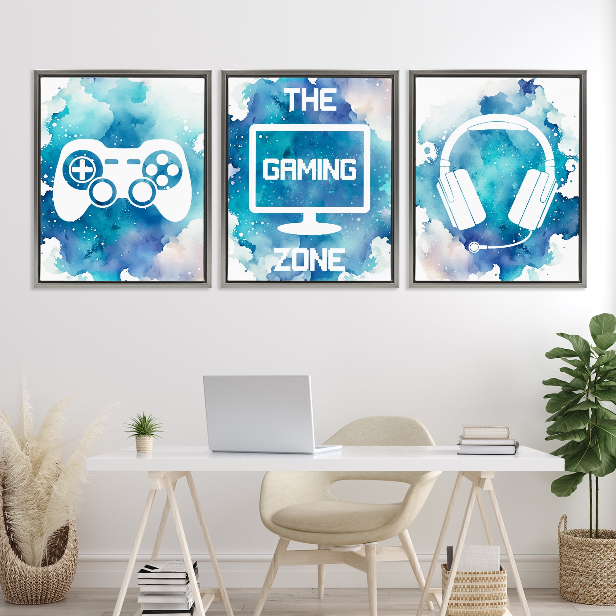 Blue Gamer Splatters 3 Piece Gray Framed Floater Canvas Set, design by Marcus Prime