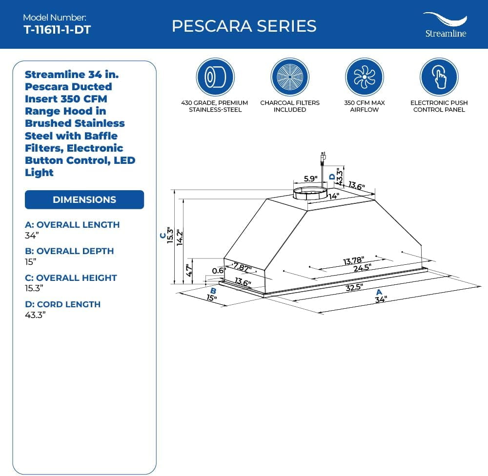 Streamline 34 in. Pescara Ducted Insert 350 CFM Range Hood in Brushed Stainless Steel with Baffle Filters, Electronic Button Control, LED Light