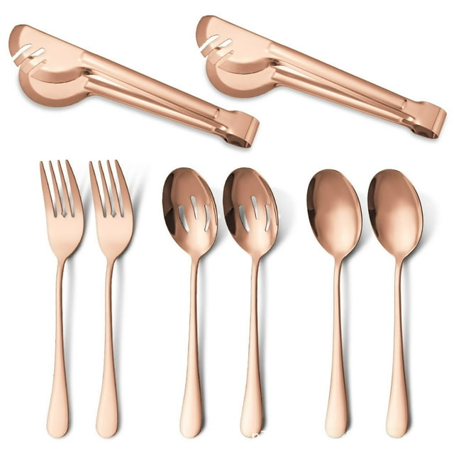 Ensemble d'Ustensiles de Service en Acier Inoxydable 410 Premium avec Cuillère, Pince à Steak et Fourchettes Multi-Usages – Résistant à la Rouille, Design Élégant en Or Rose pour une Cuisine Décontractée Ou Fine, Facile à Nettoyer