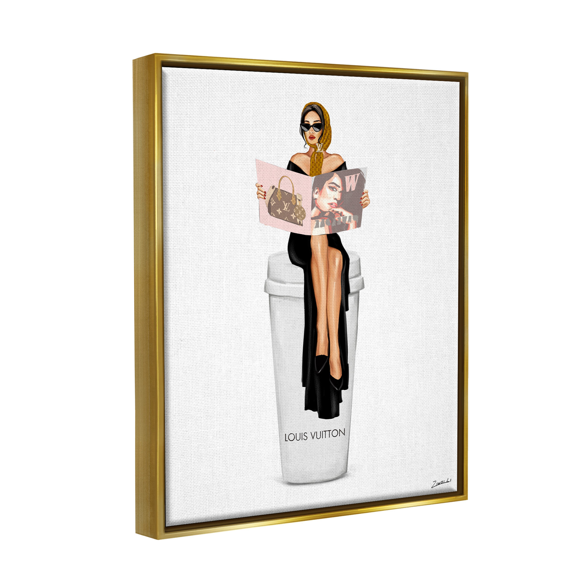 Stupell Industries Girl Reading on Coffee Food & Beverage Painting Gold Floater Framed Art Print Wall Art, 17 x 21