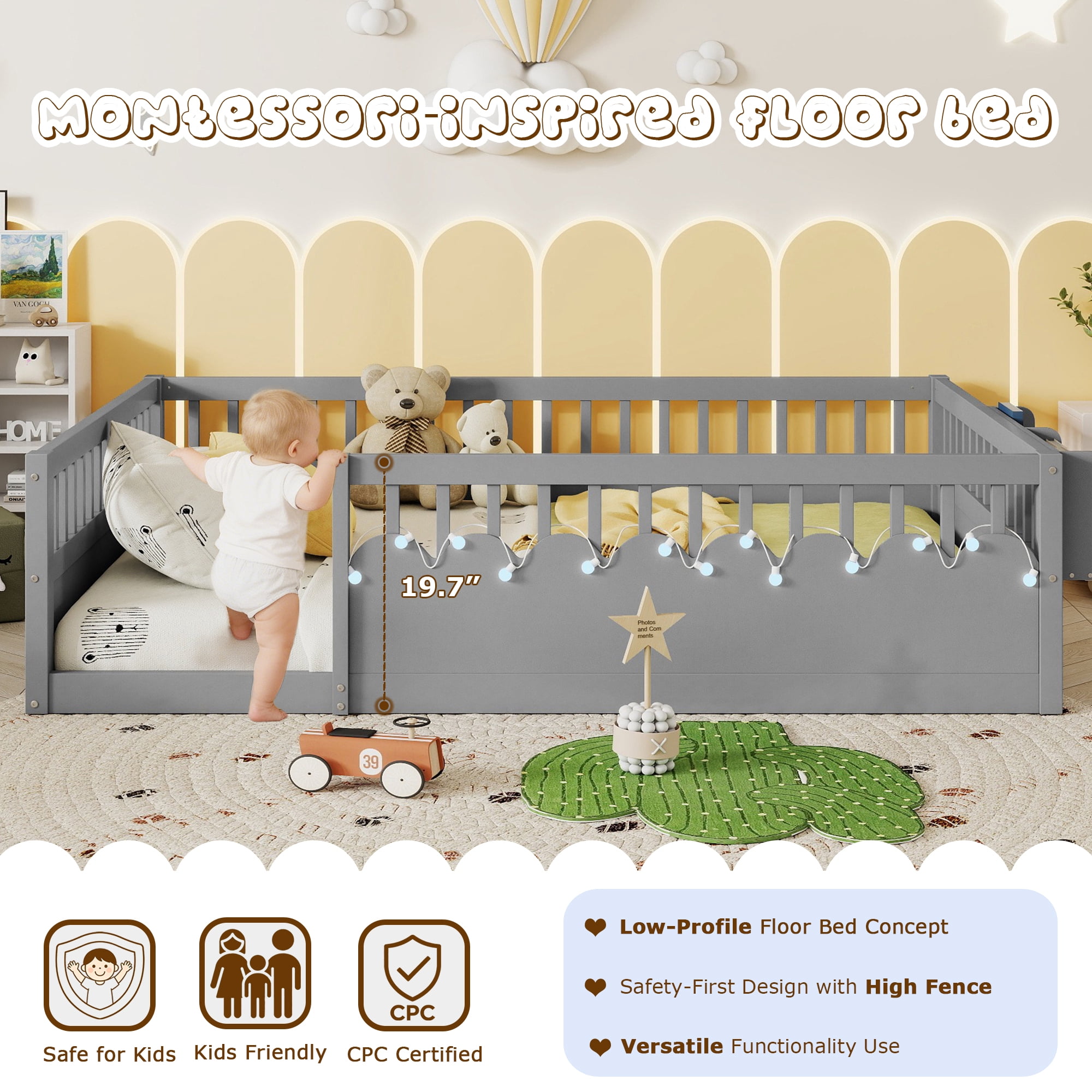 Full Size Toddler Floor Bed Frame, Montessori Floor Bed with Guardrails, Pine Wood Bed Frame for Kids, No Slats Included, Gray
