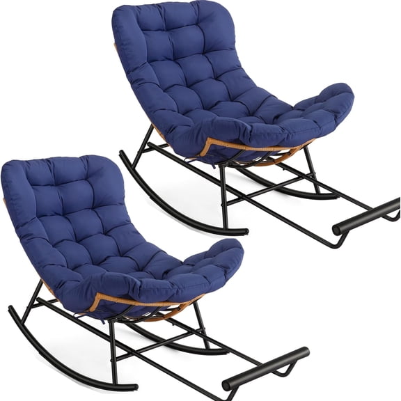 2Pcs Papasan Rocking Chair with Foot Rest, Oversized Papasan Chair with Thick Removable Cushion and Metal Frame, Lounge Chairs and PE Rattan Rocker for Patio, Porch, Garden, Lawn, Living Room