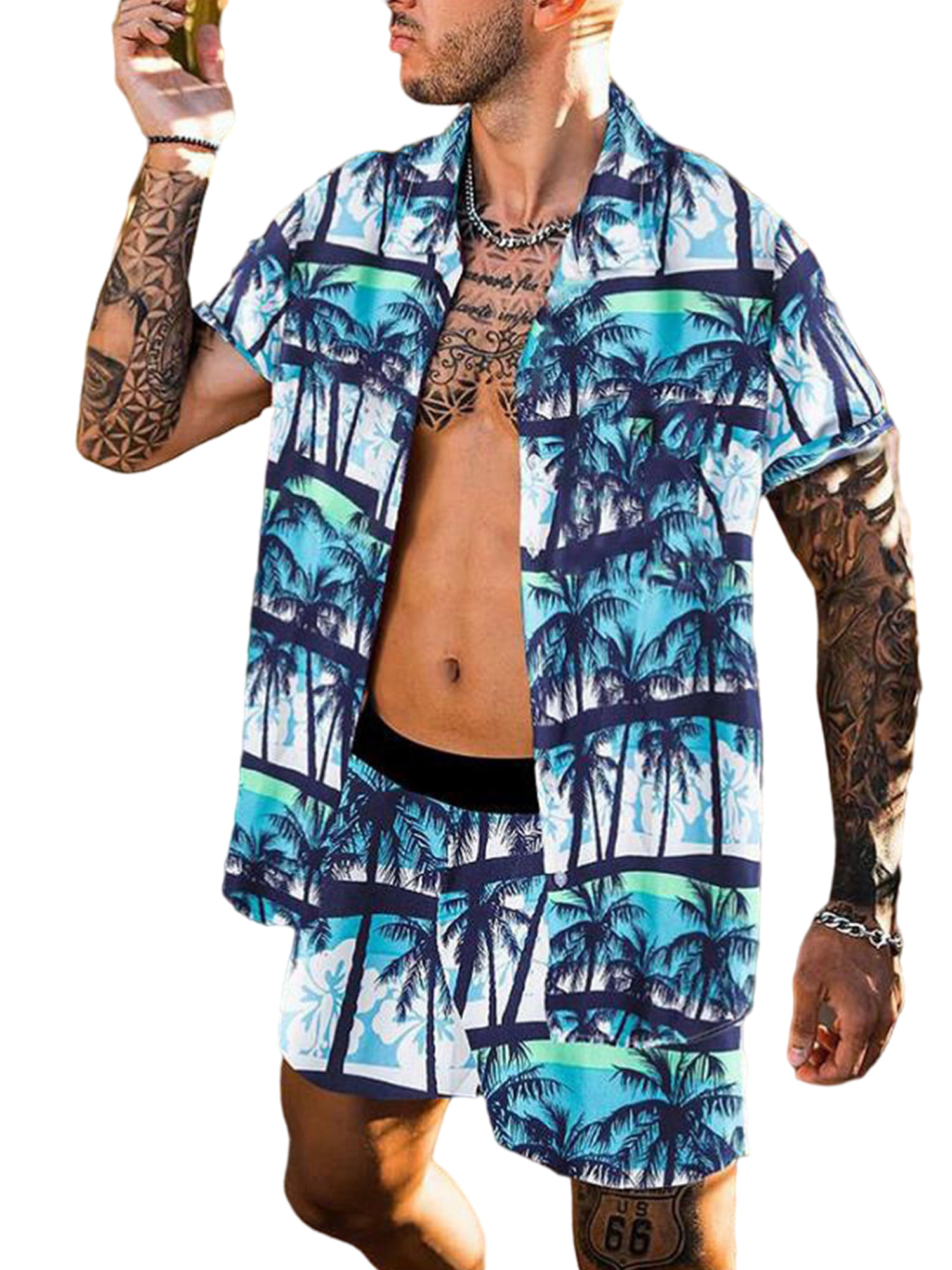 Men Hawaiian 2-piece outfit set tropical palm print Button up Short Sleeve Summer Beach Shirt Set