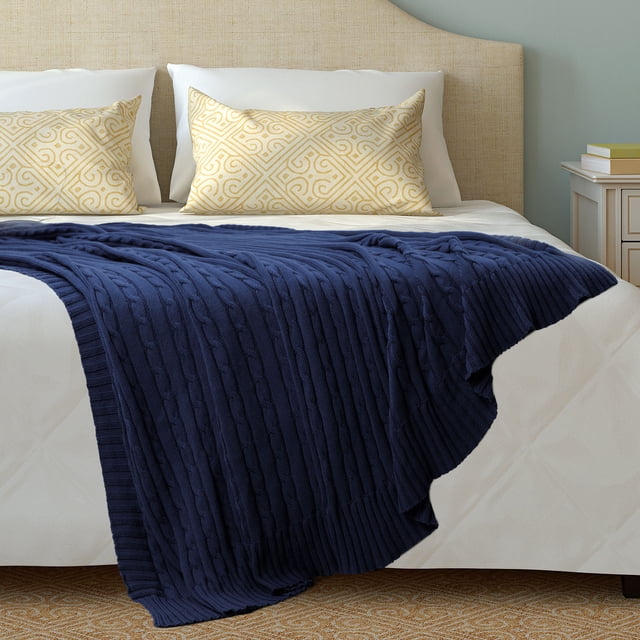 PiccoCasa Cotton Knitted Blanket Throw Blanket for Couch, Bed, Sofa, Travel, Navy Blue 60" x 78"