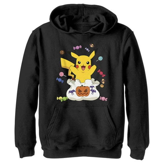 Boy's Pokemon Halloween Pikachu Candy Bag  Pull Over Hoodie Black Large