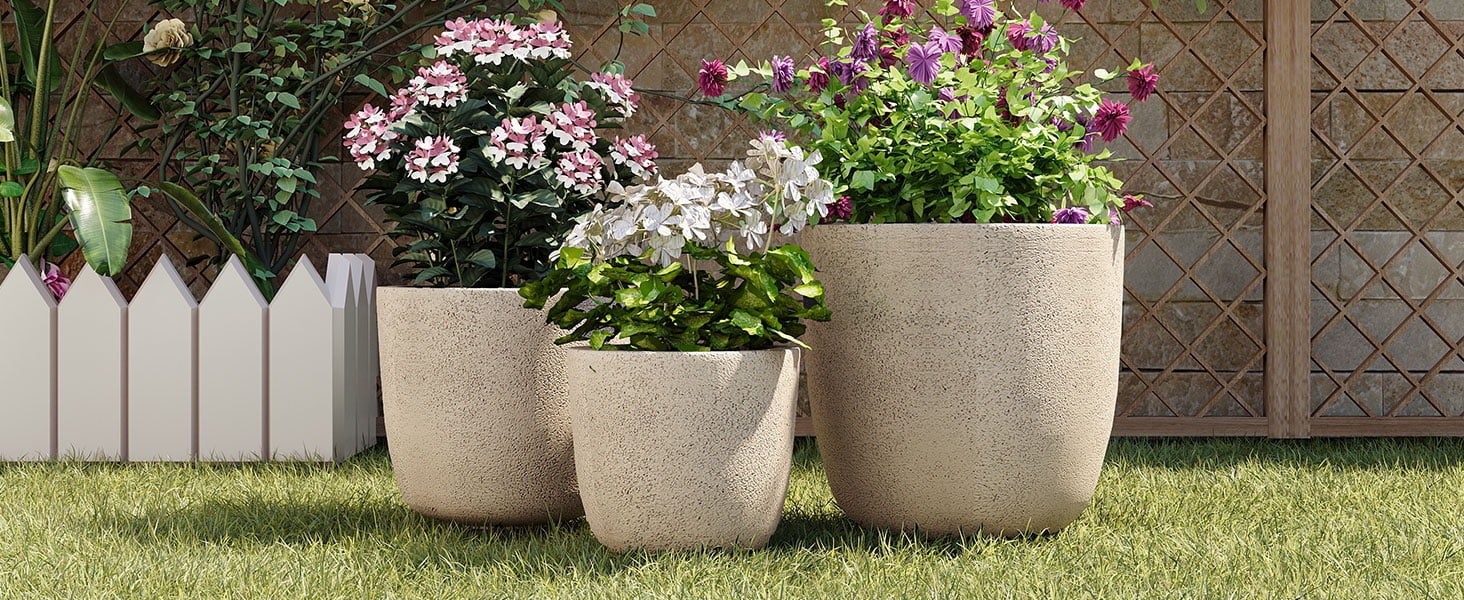 Mintazer Modern Planter Set of 3, 16.9"+13.9"+11.22" Dia Round Stackable Flower Pots with Drainage Holes and Rubber Plug, Decorative Plant Pots for Indoor & Outdoor, Beige