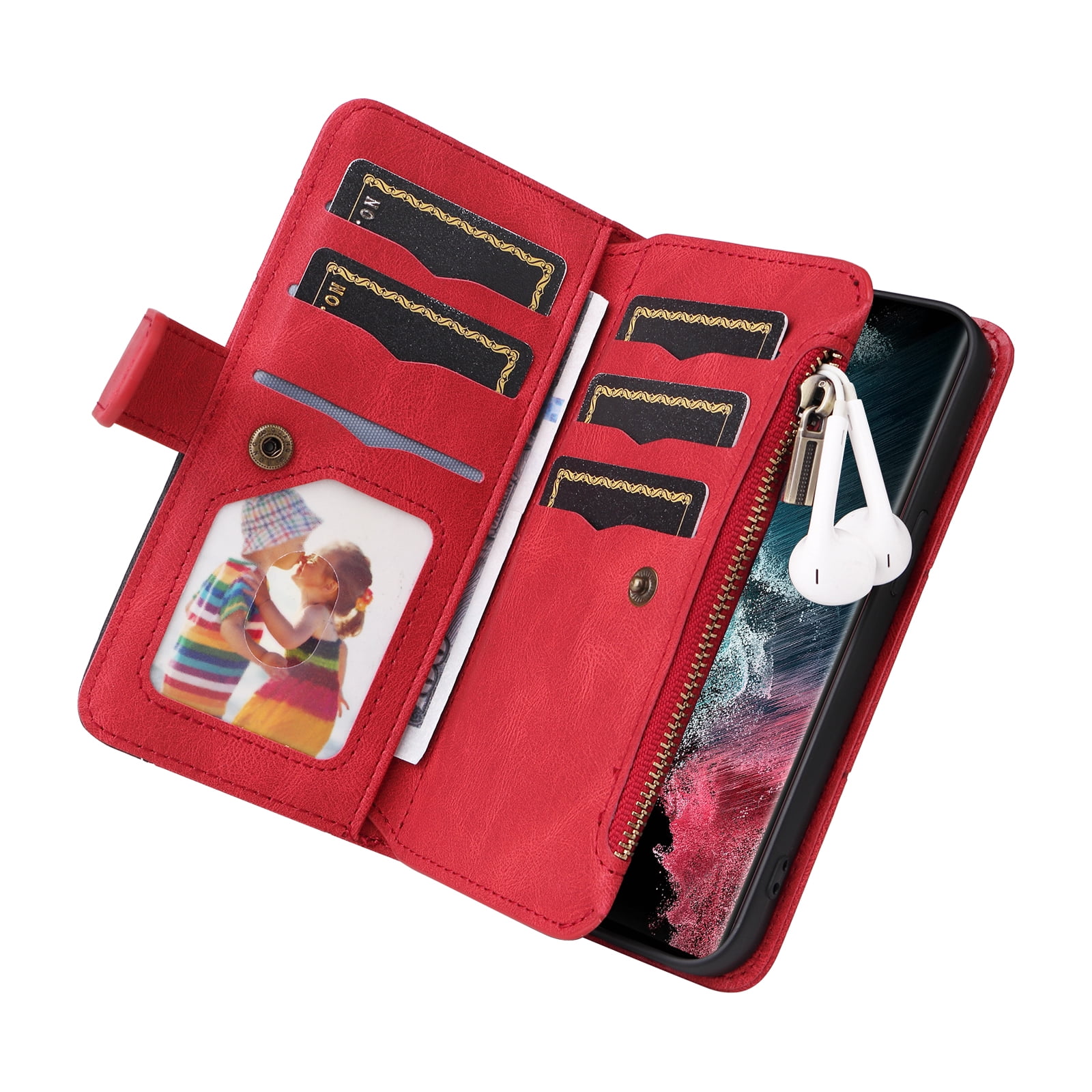 Dteck for Samsung Galaxy S23 Case 2023 6.1 Inch Wallet with 9 Card Slots, Zipper Pocket PU Leather Folio Flip Phone Case with Wristlet Strap for Samsung Galaxy S23 5G,Red