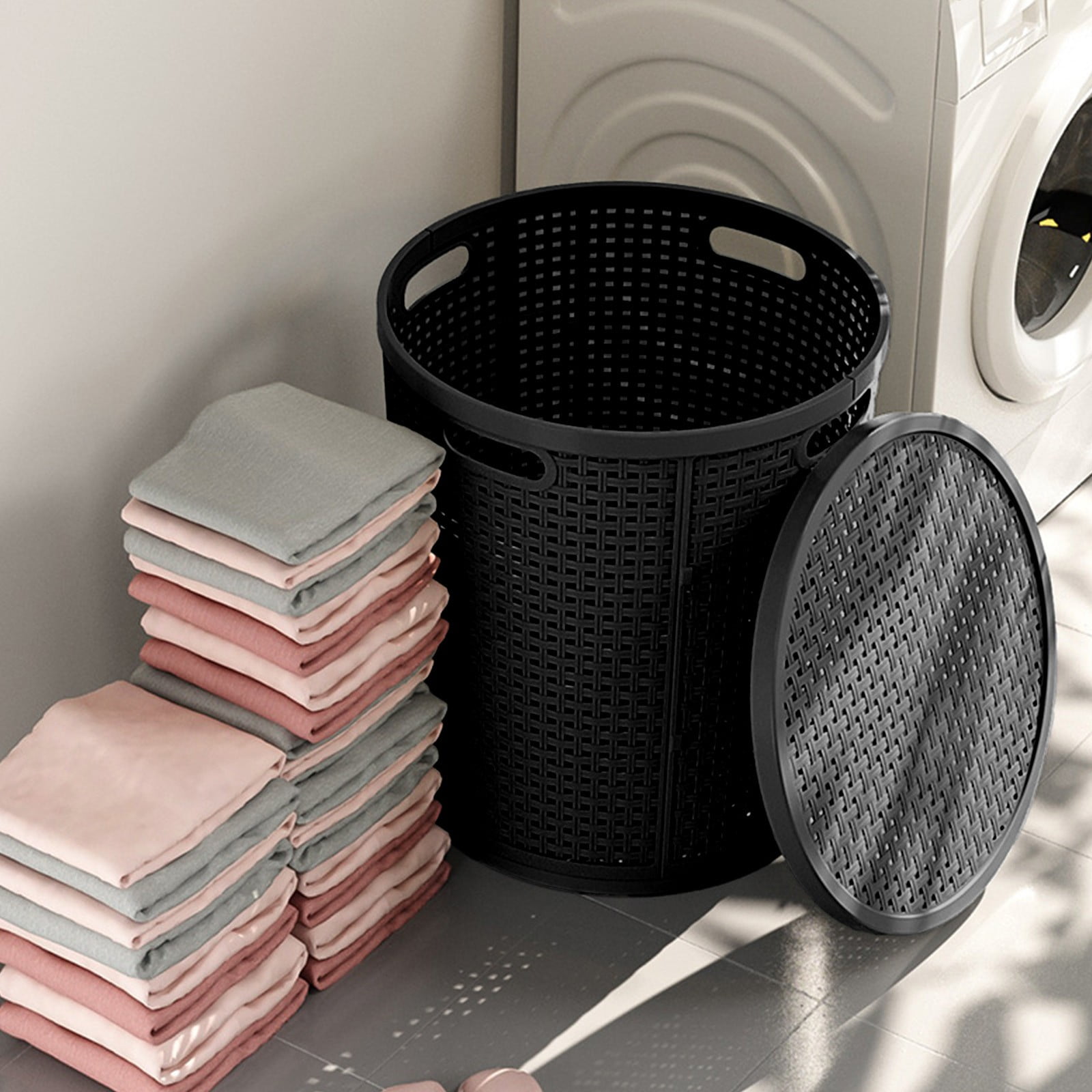 Laundry Hamper with Lid - Large Capacity Wicker Style Storage Basket for Clothes & Toys, Ventilated Design, Easy Carry Handles, Ideal for Bedroom & Bathroom, 1 Pack