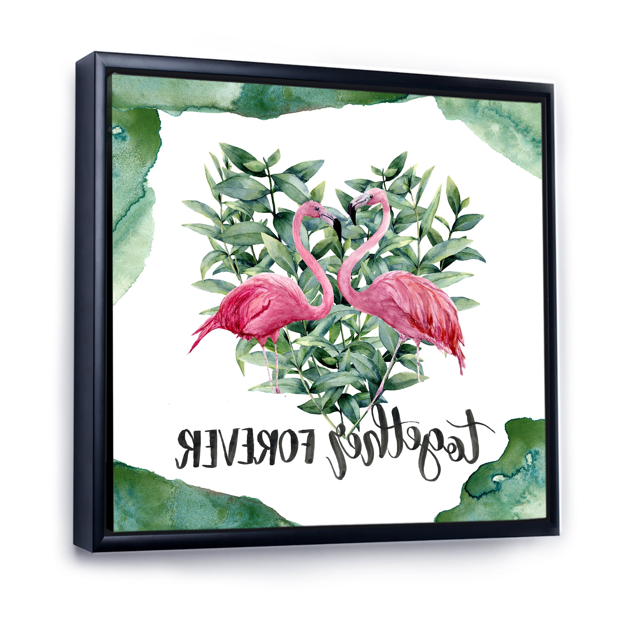 Designart 'Eucalyptus Leaves With Flamingo Floral Heart' Traditional Framed Canvas Wall Art Print