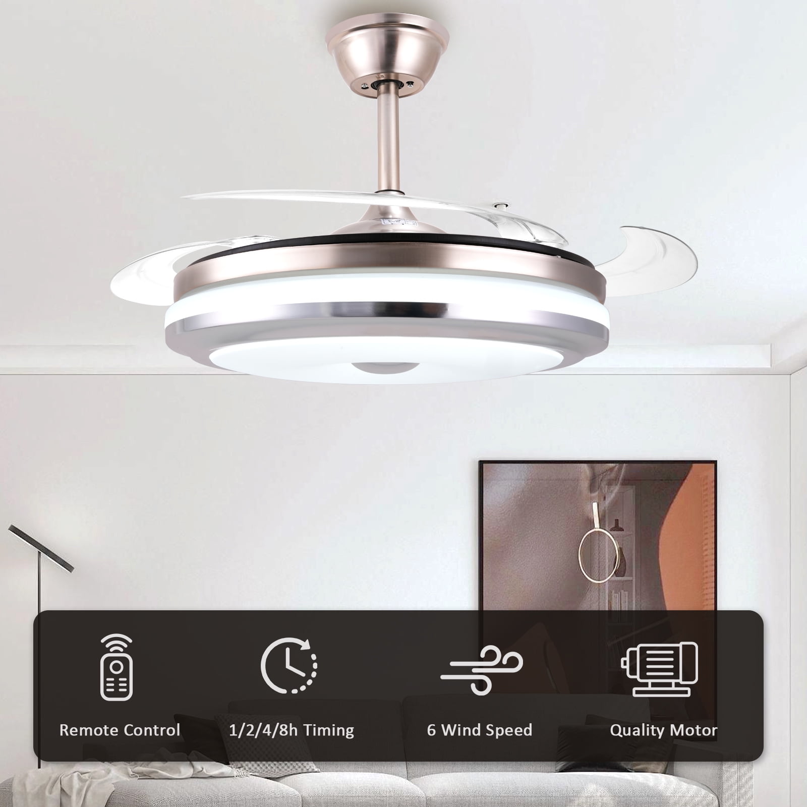 Jacgood 42-Inch Smart Retractable Ceiling Fan with Light, Remote Control, 3-Color Dimmable LED, 6-Speed Quiet Reversible DC Motor for Bedroom, Living Room, Kitchen,silver